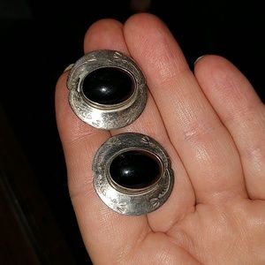 Native American black onyx sterling silver 925 clip on earrings vintage
